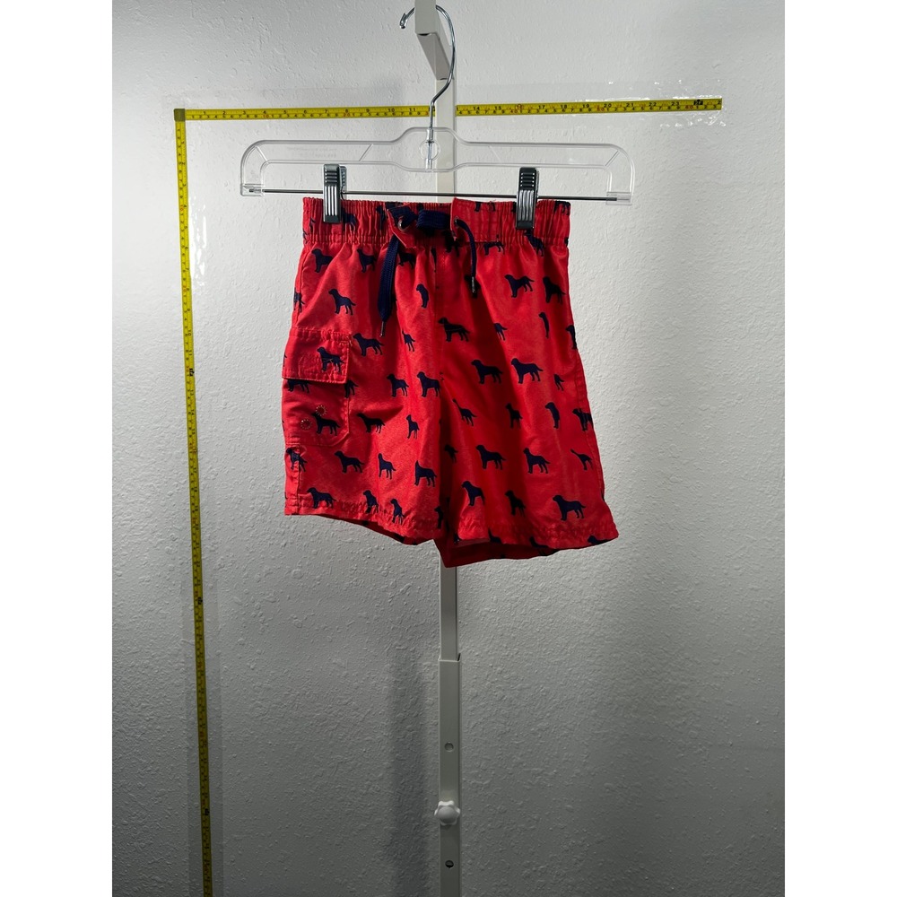 Viv & Lou Boys Red Navy Blue Dog‎ Print Swim Trunks Mesh Lined Size Small